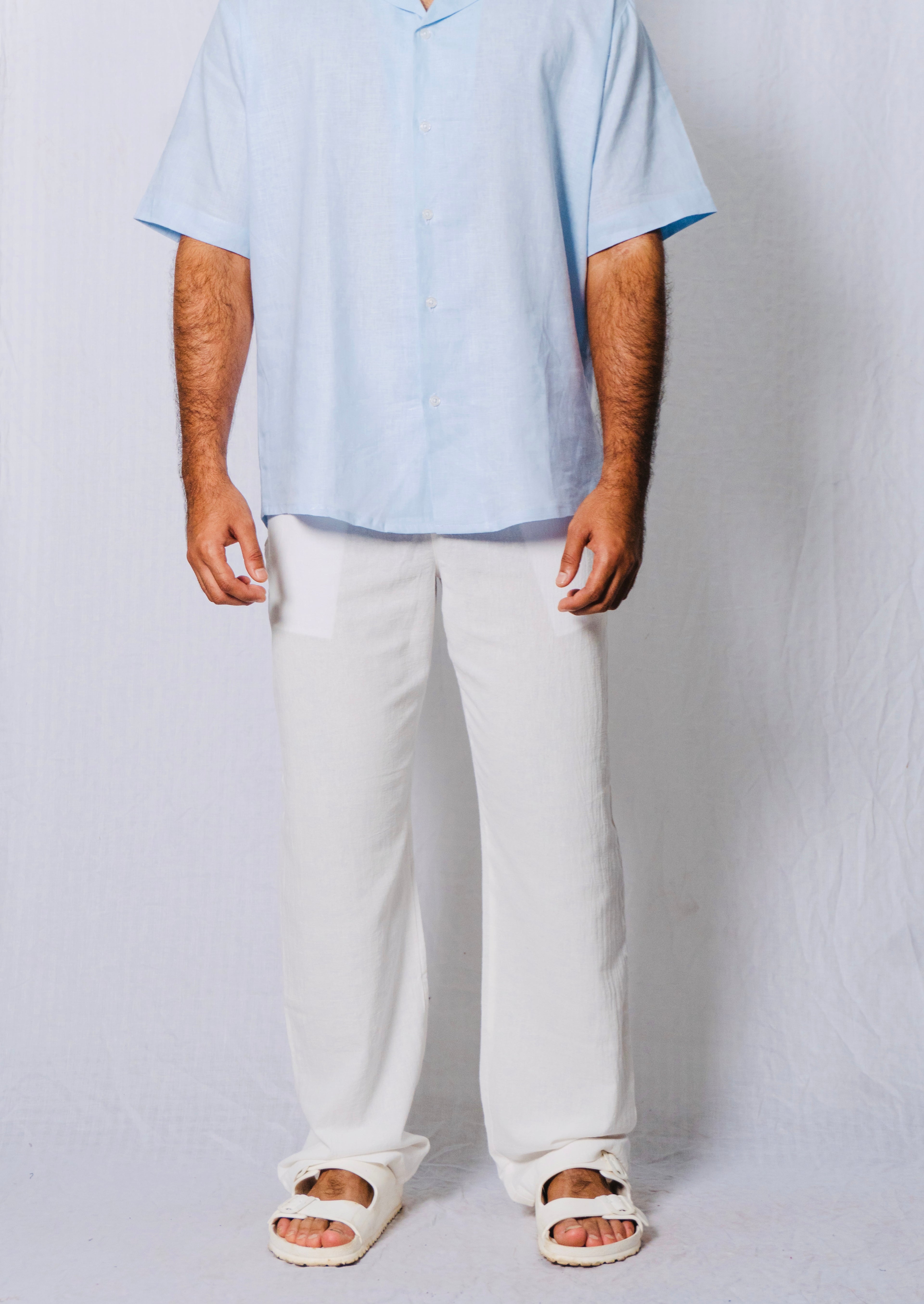 MYKONOS WHITE COTTON WASHED TROUSERS.
