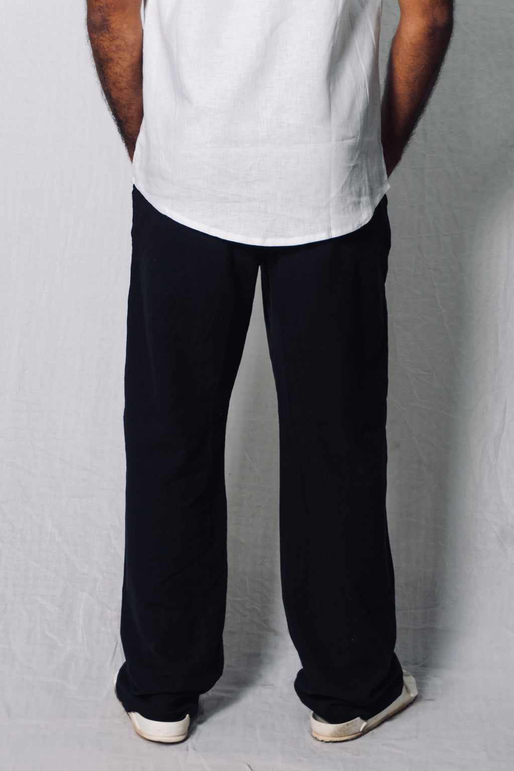 MYKONOS BLACK COTTON WASHED TROUSERS.