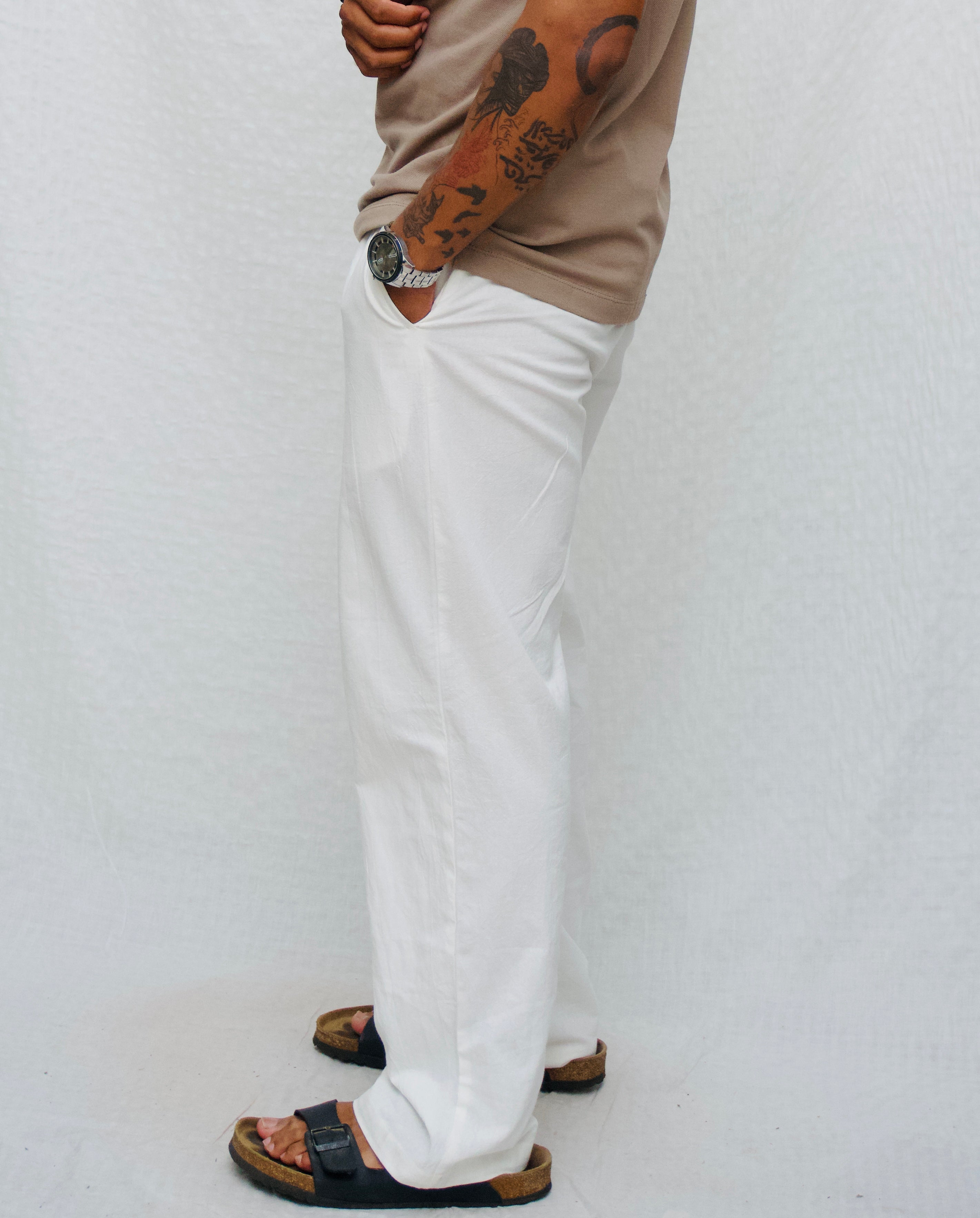 MYKONOS WHITE COTTON WASHED TROUSERS.