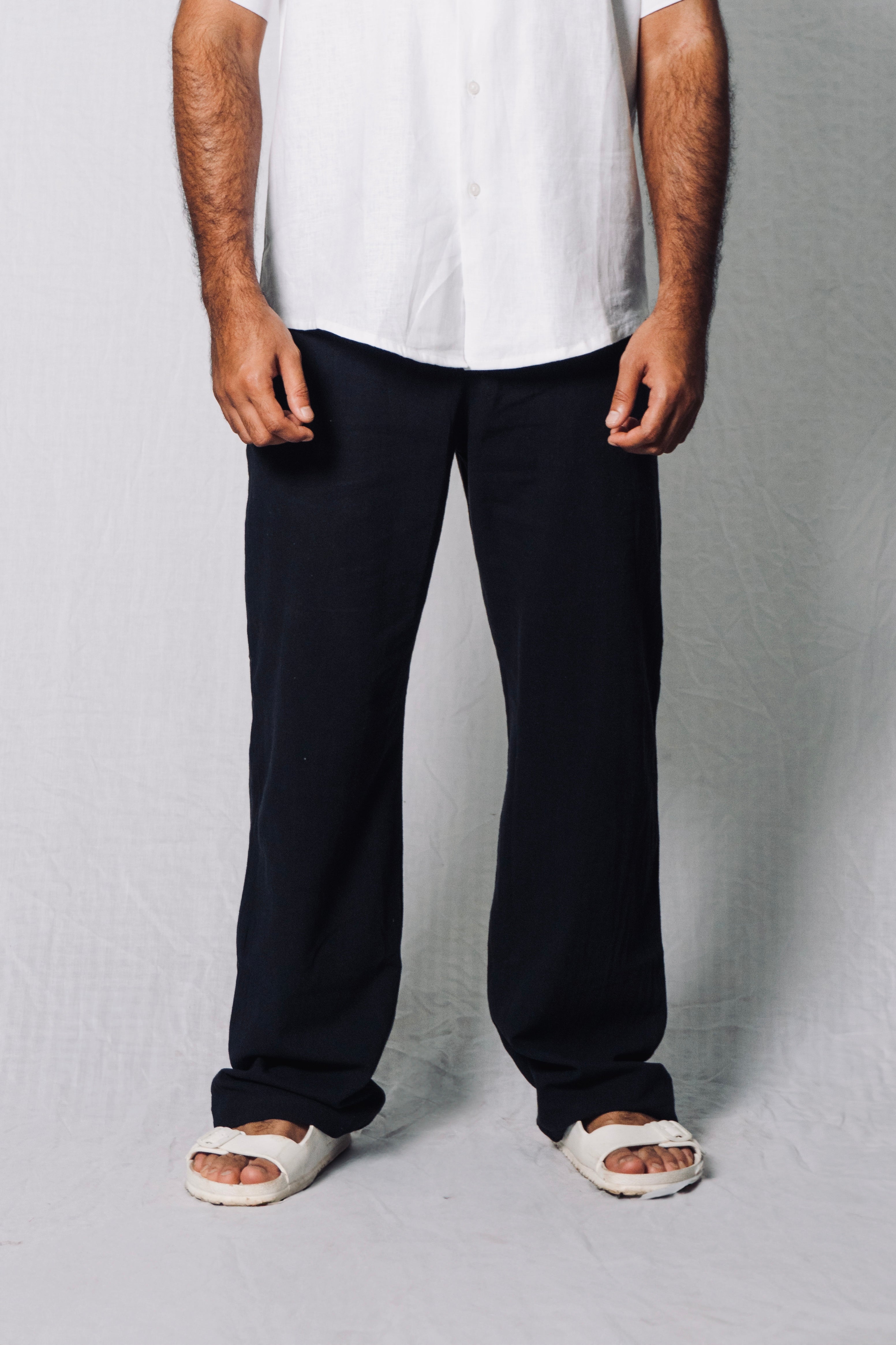MYKONOS BLACK COTTON WASHED TROUSERS.