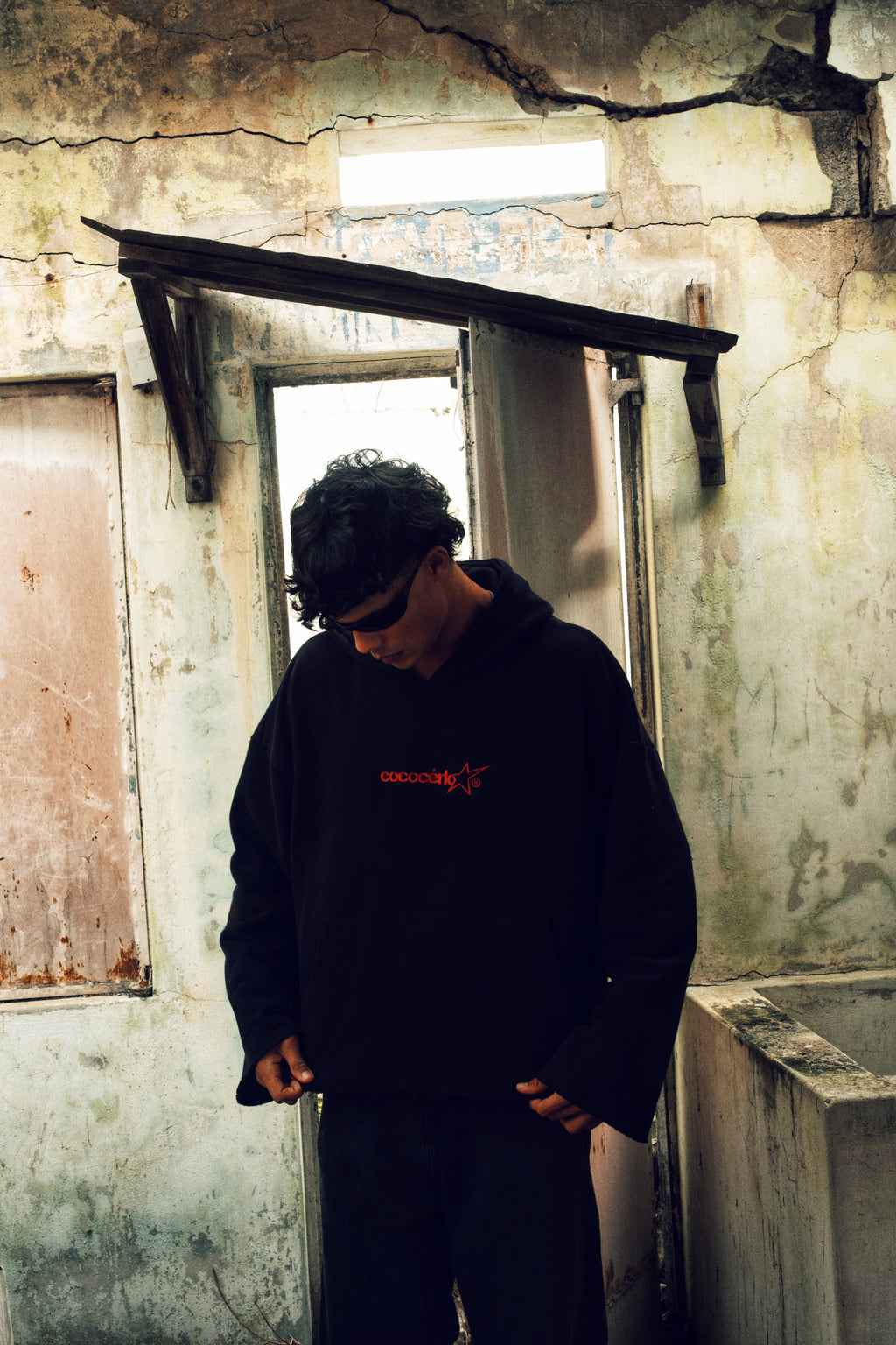 DISTRESSED HOODIE - BLACK // RED EMBRODERY
