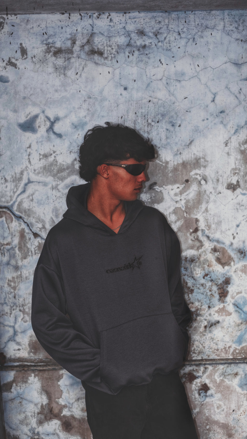 DISTRESSED HOODIE - CEMENT // DARK GREY EMBROIDERY