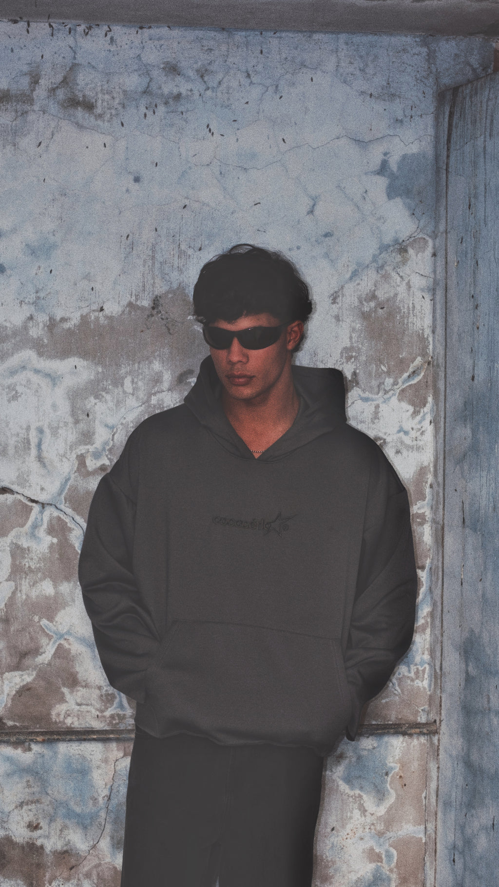 DISTRESSED HOODIE - CEMENT // DARK GREY EMBROIDERY