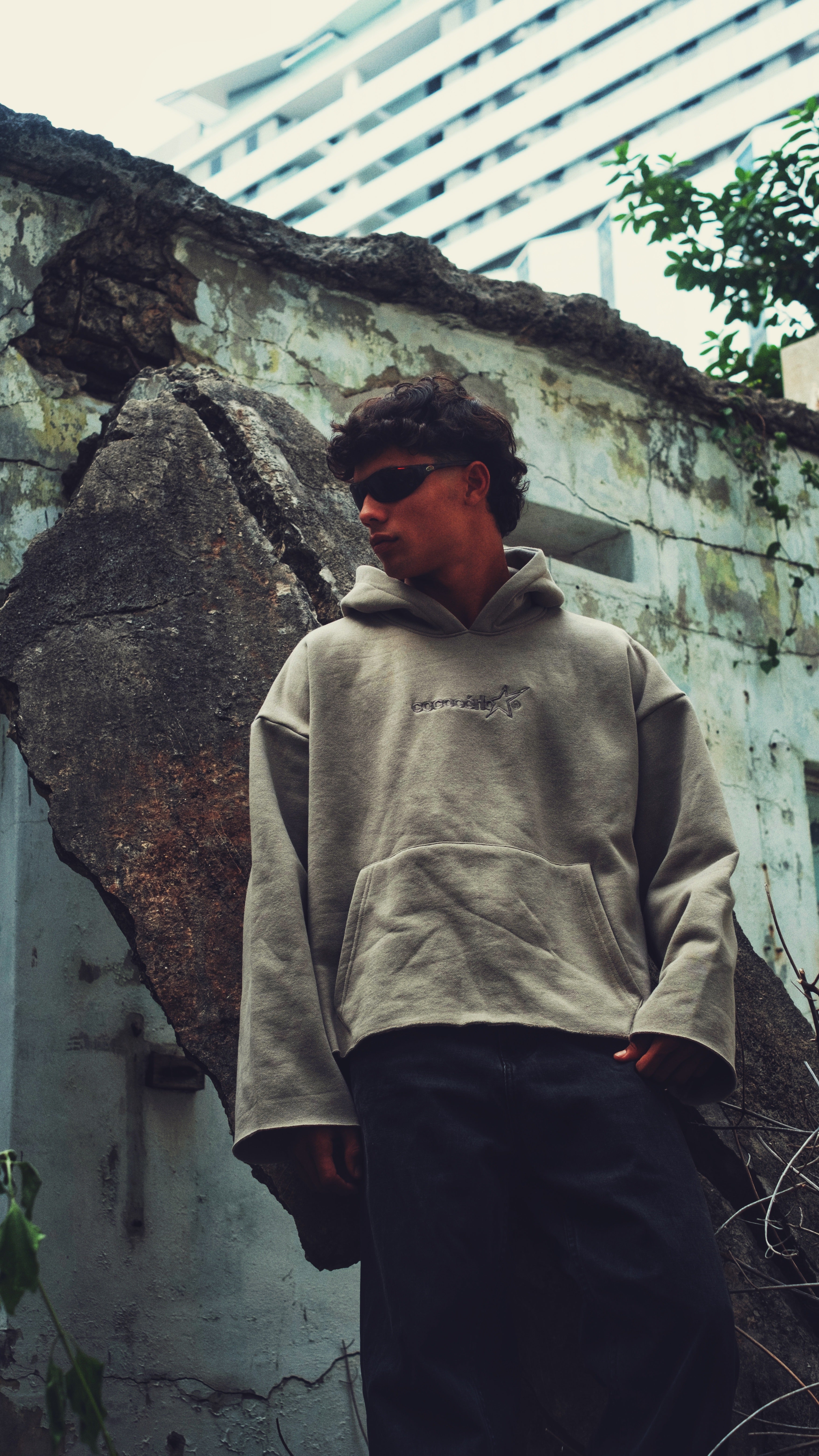 DISTRESSED HOODIE - CEMENT // GREY EMBROIDERY