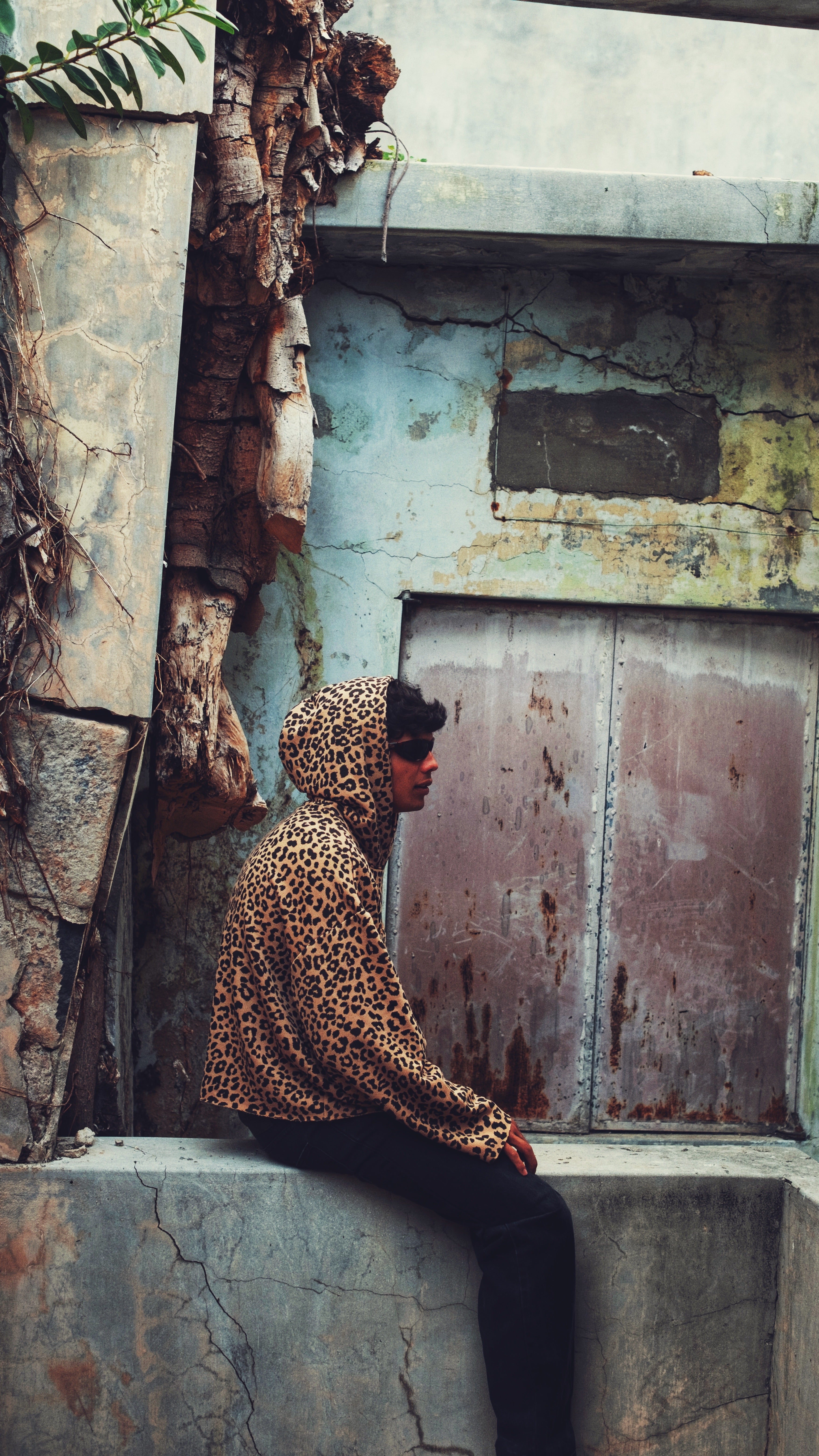 DISTRESSED HOODIE - LEOPARD // BROWN EMBROIDERY