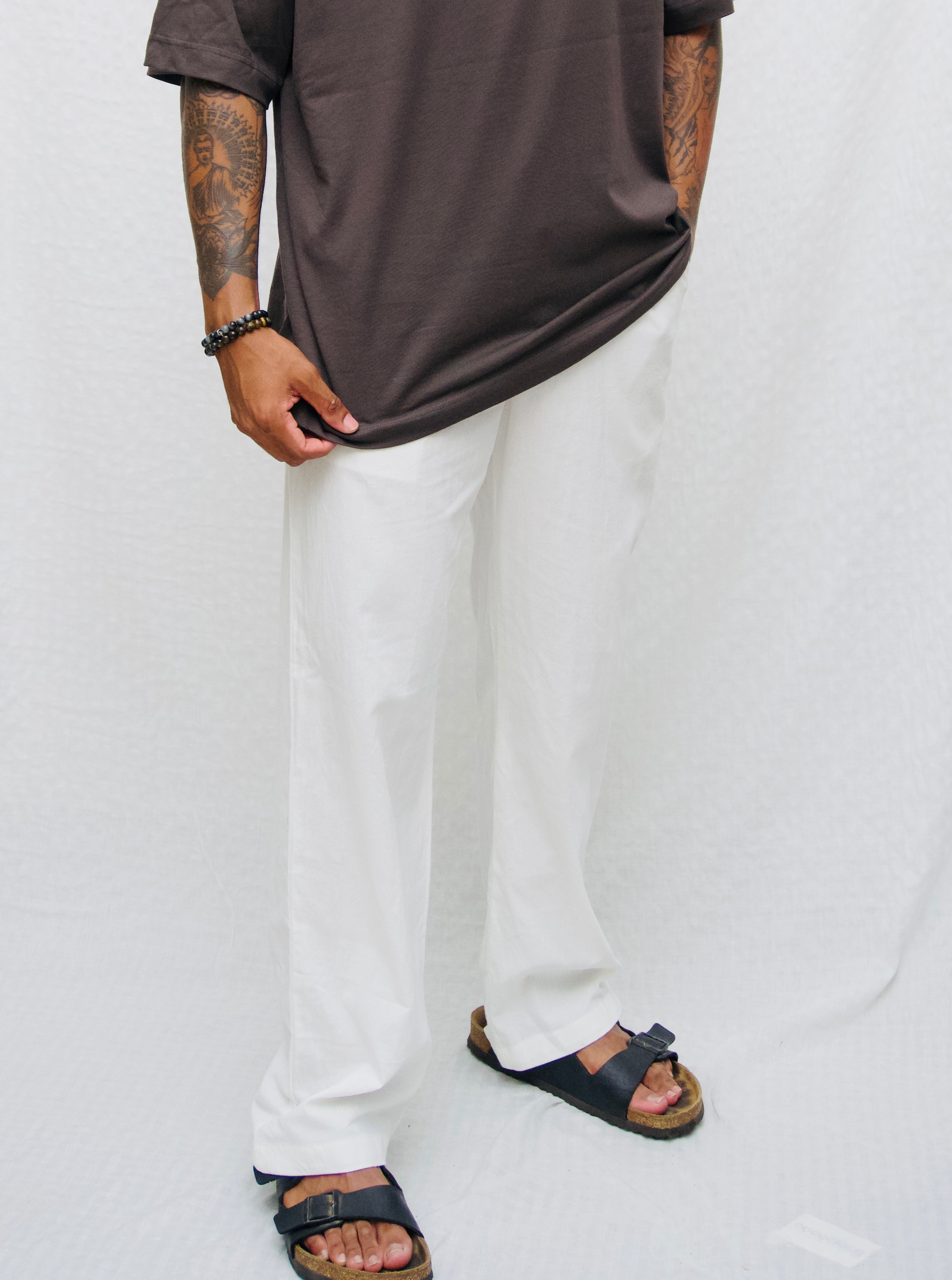 MYKONOS WHITE COTTON WASHED TROUSERS.