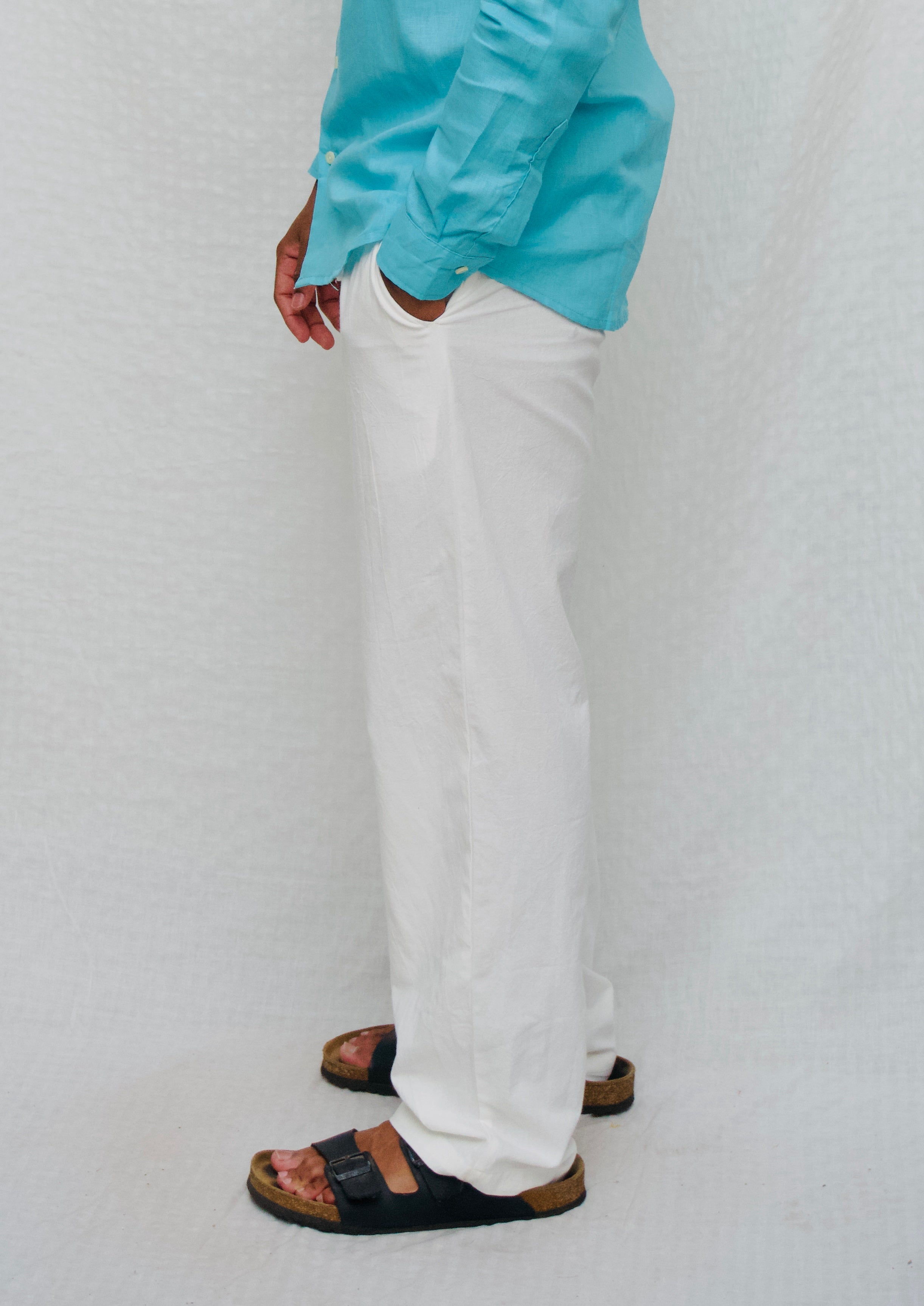 MYKONOS WHITE COTTON WASHED TROUSERS.