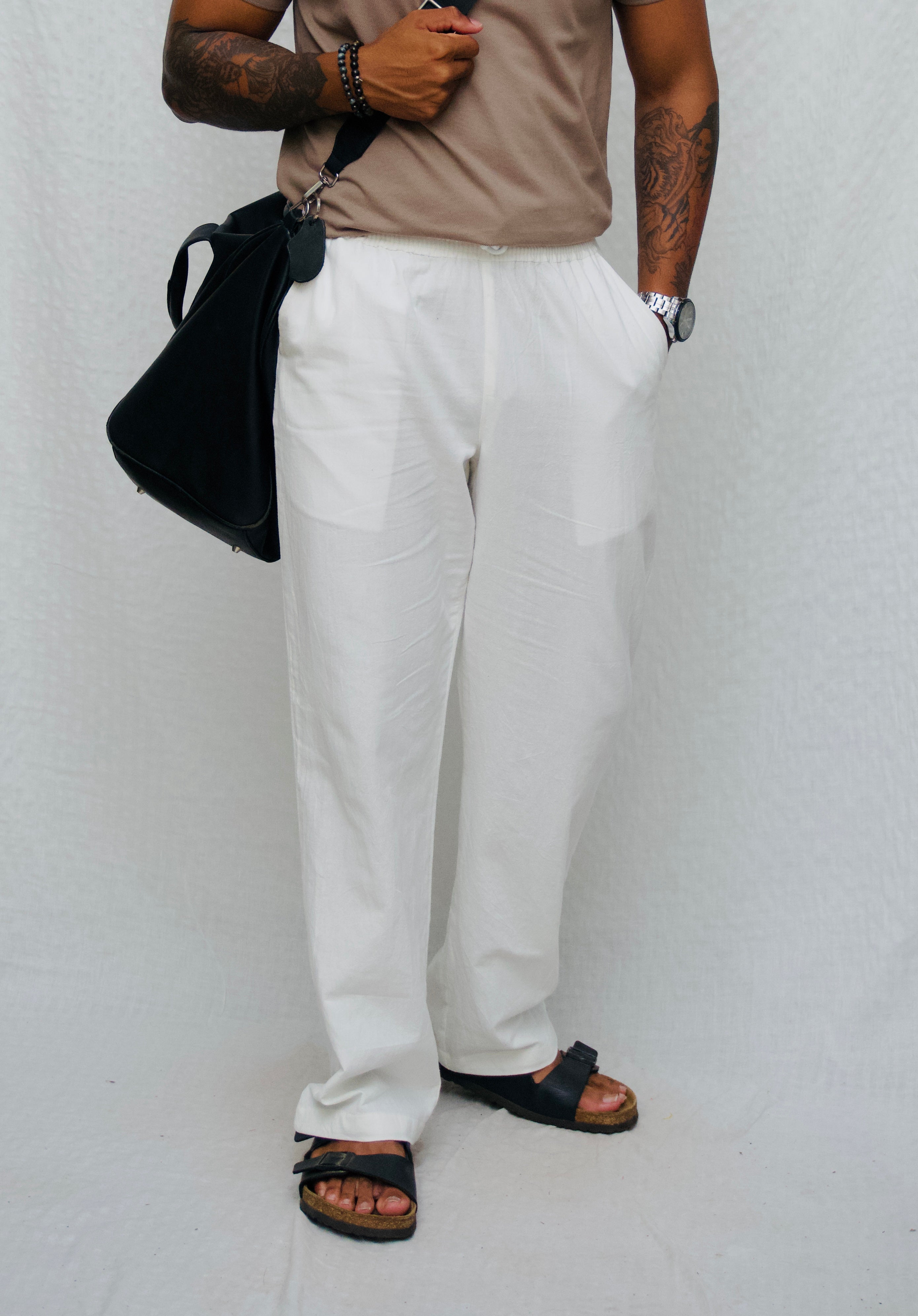 MYKONOS WHITE COTTON WASHED TROUSERS.