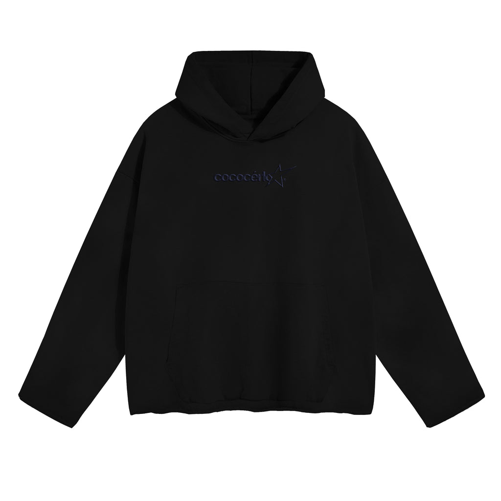 DISTRESSED HOODIE - BLACK // BLUE EMBROIDERY